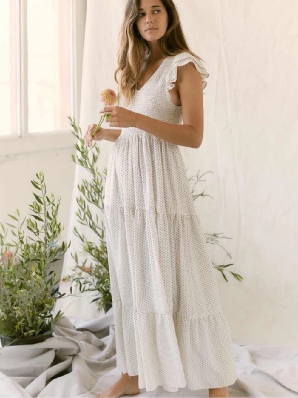 NWT Christy Dawn The Bodie V Neck Smocked Tiered Maxi Dress Alabaster Ditsy